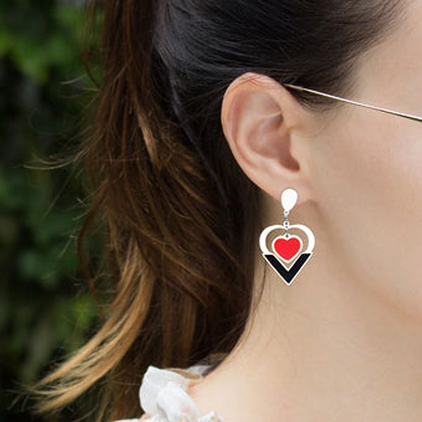 Stainless Steel Black and Red Heart Dangle Earrings - Click Image to Close